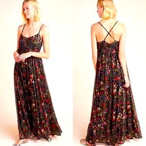 Anthropologie Payal Jain Floral Pleated Maxi Sun Dress Black Botanical Size LP
